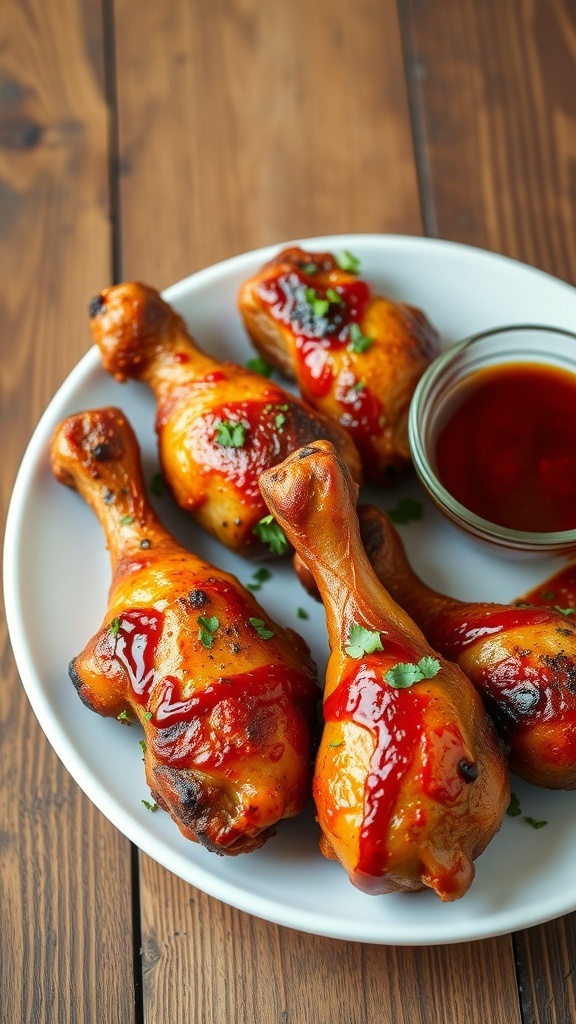 Spicy oven-baked chicken drumsticks on a plate with herbs and dipping sauce.